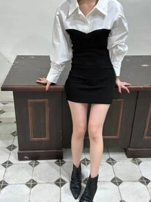 DAZY Váy sơ mi tay bồng 2 trong 1 hai tông màu, quần áo mùa thu, váy dài tay - Đen và trắng - Xem 9