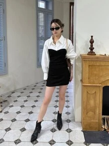 DAZY Váy sơ mi tay bồng 2 trong 1 hai tông màu, quần áo mùa thu, váy dài tay - Đen và trắng - Xem 10