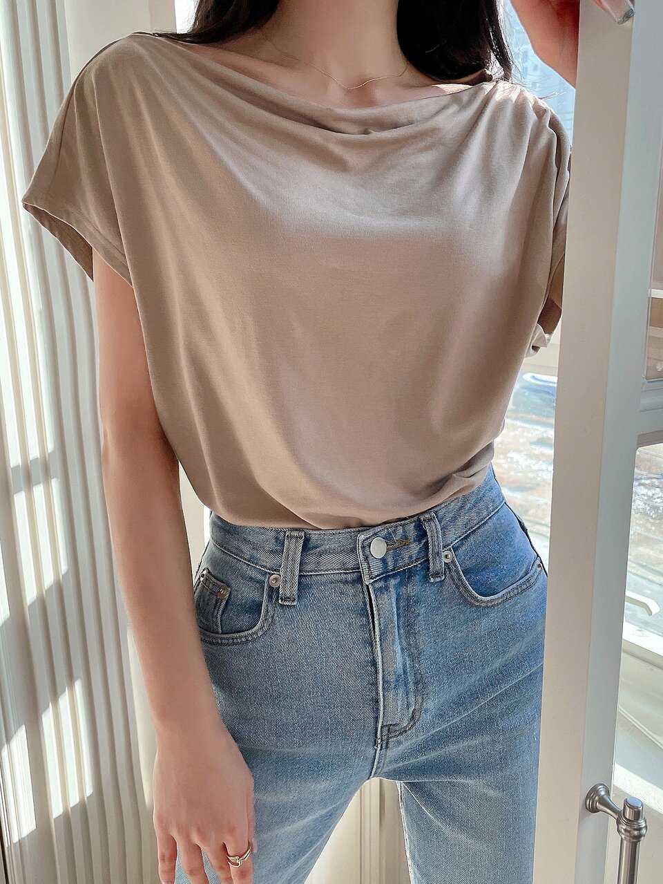 Solid Draped Collar Batwing Sleeve Tee