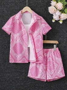 女孩佩斯利絲巾圖案襯衫和短褲不附吊帶上衣