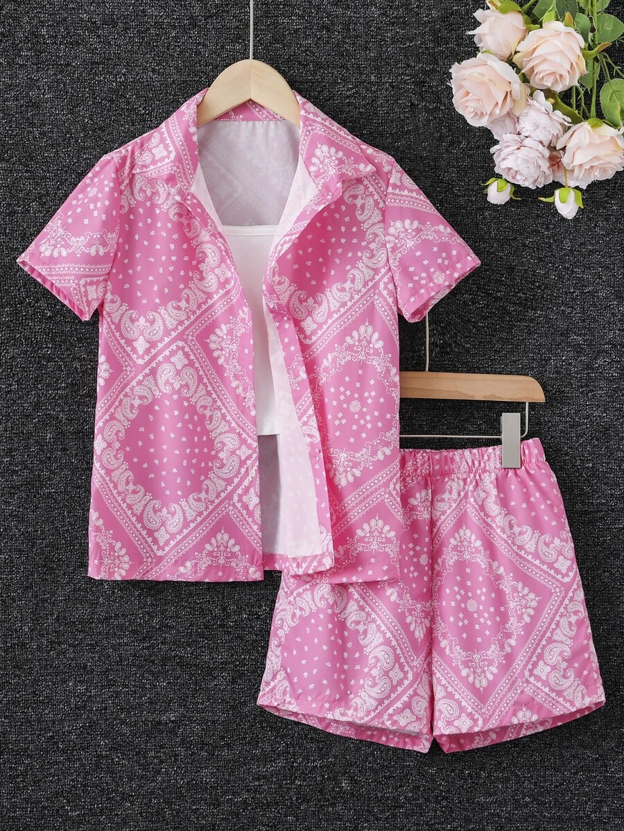 女孩佩斯利絲巾圖案襯衫和短褲不附吊帶上衣