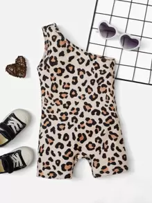 SHEIN Đứa bé gái In hoa Báo Một bờ vai Romper - màu nâu - Xem 1