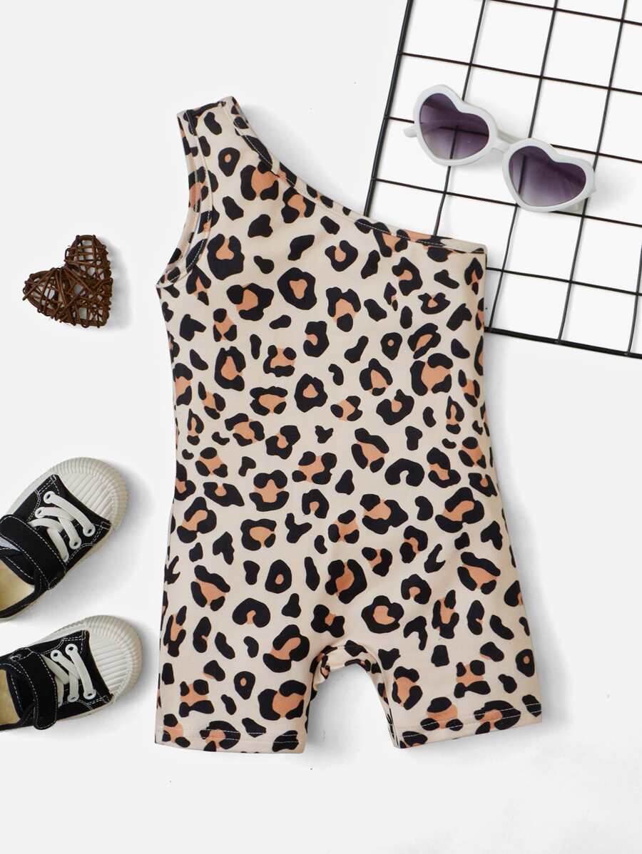 SHEIN Đứa bé gái In hoa Báo Một bờ vai Romper - màu nâu - Xem 1