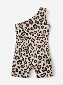 SHEIN Đứa bé gái In hoa Báo Một bờ vai Romper - màu nâu - Xem 2