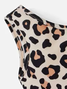 SHEIN Đứa bé gái In hoa Báo Một bờ vai Romper - màu nâu - Xem 3