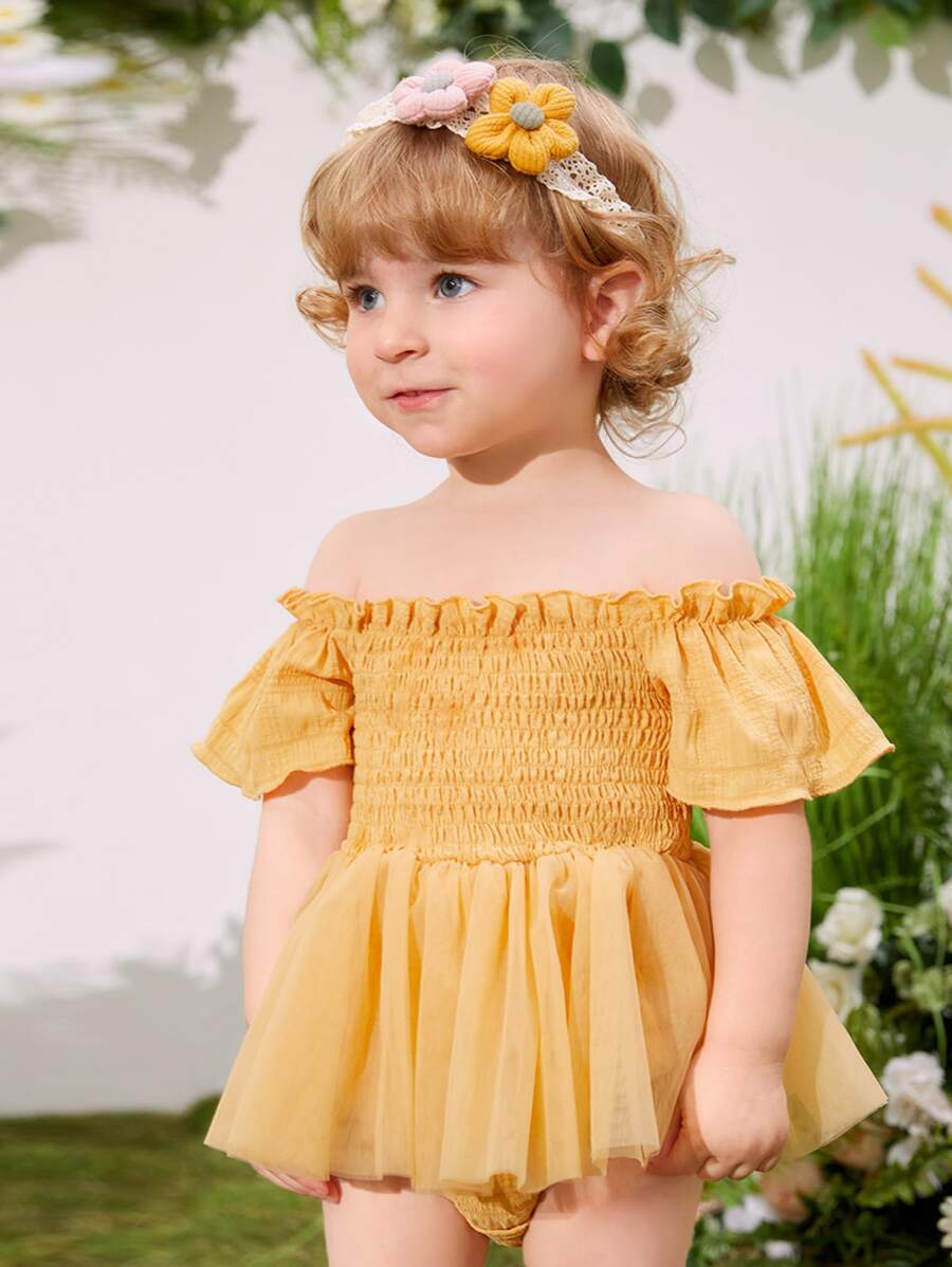 SHEIN 嬰兒一字肩褶邊網紗拼接荷葉邊下擺腰連體衣