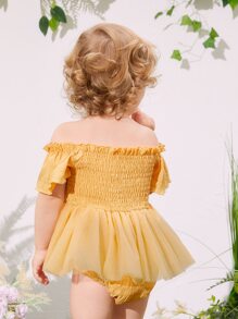 SHEIN 嬰兒一字肩褶邊網紗拼接荷葉邊下擺腰連體衣