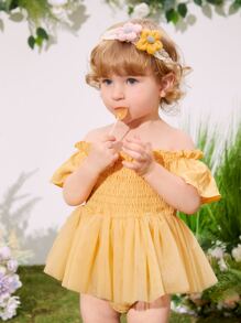 SHEIN 嬰兒一字肩褶邊網紗拼接荷葉邊下擺腰連體衣