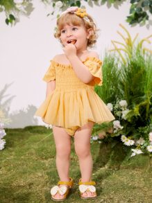 SHEIN 嬰兒一字肩褶邊網紗拼接荷葉邊下擺腰連體衣