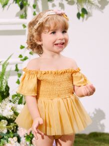 SHEIN 嬰兒一字肩褶邊網紗拼接荷葉邊下擺腰連體衣