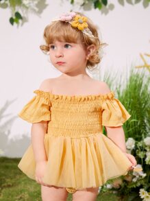 SHEIN 嬰兒一字肩褶邊網紗拼接荷葉邊下擺腰連體衣