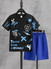 SHEIN Boys Slogan and Cartoon Graphic Tee & Shorts - Multicolor - View 1