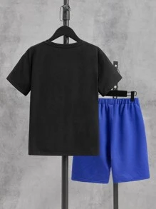 SHEIN Boys Slogan and Cartoon Graphic Tee & Shorts - Multicolor - View 2