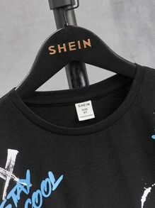 SHEIN Boys Slogan and Cartoon Graphic Tee & Shorts - Multicolor - View 3