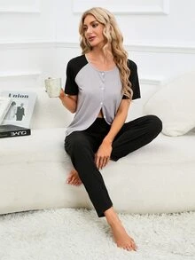 Two Tone Raglan Sleeve Tee & Trousers Lounge Set - Multicolor - View 5