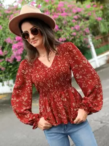 SHEIN Clasi 印花燈籠袖打褶荷葉邊下擺襯衫 - 彩色 - 查看 2