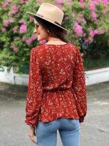 SHEIN Clasi 印花燈籠袖打褶荷葉邊下擺襯衫 - 彩色 - 查看 3