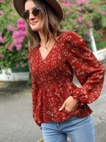 SHEIN Clasi 印花燈籠袖打褶荷葉邊下擺襯衫 - 彩色 - 查看 1