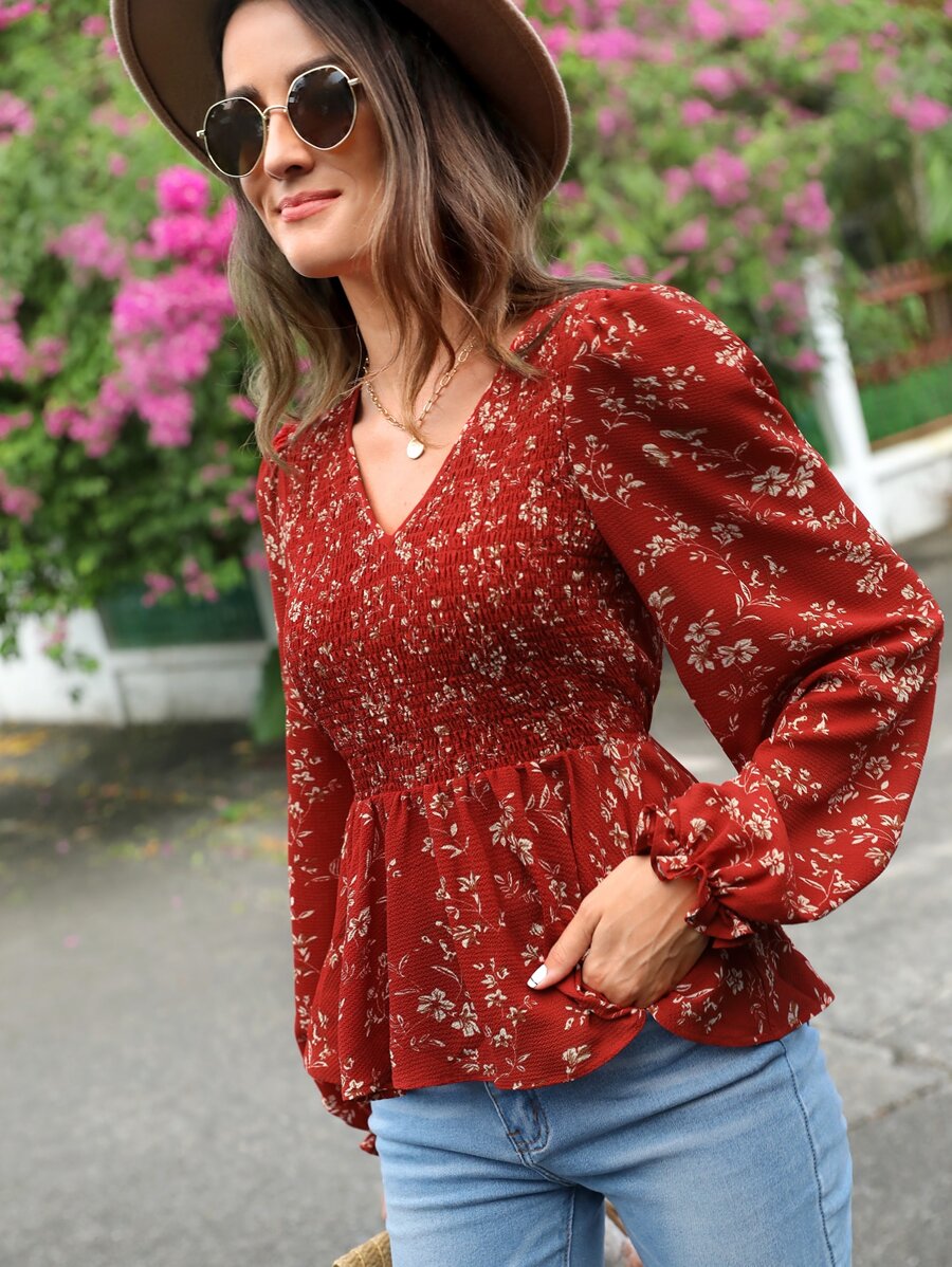SHEIN Clasi 印花燈籠袖打褶荷葉邊下擺襯衫 - 彩色 - 查看 1