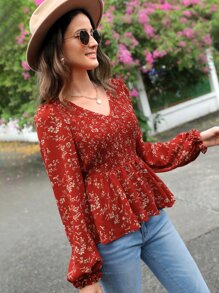 SHEIN Clasi 印花燈籠袖打褶荷葉邊下擺襯衫 - 彩色 - 查看 4