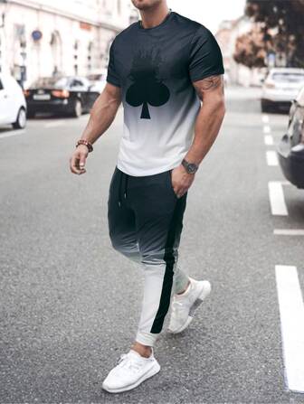 Männer Farbverlauf, T-Shirt & Kontrast Besatz, Jogginghose