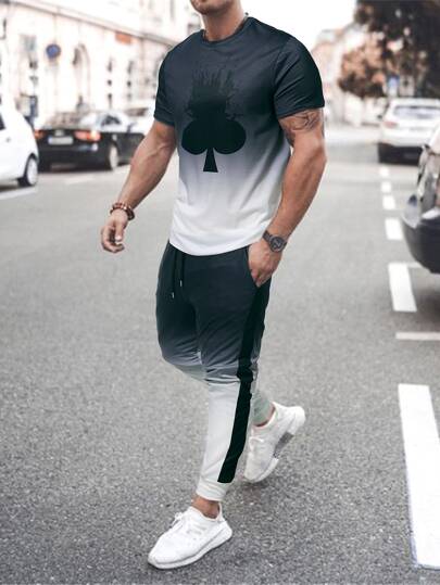 Männer Farbverlauf, T-Shirt & Kontrast Besatz, Jogginghose