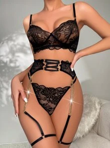 Floral Lace Garter Lingerie Set - Black - View 5