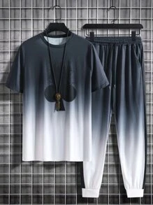 Manfinity LEGND Men Ombre Tee & Contrast Side Seam Joggers - Black and White - View 3