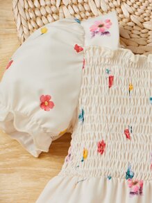 SHEIN 嬰兒女孩花卉印花泡泡袖集約束腰連體褲 - 白色 - 查看 4