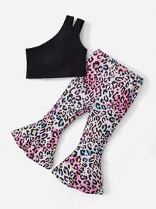 SHEIN Baby One Shoulder Top & Leopard Print Flare Leg Pants - Multicolor - View 2