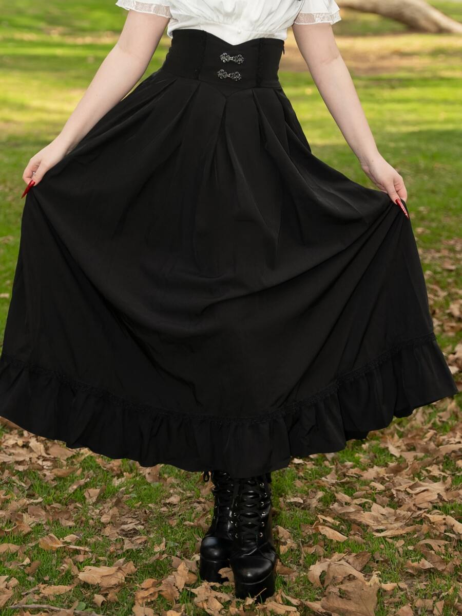 Scarlet Darkness Váy nữ Ren lên Viên lá sen Dây kéo Thùa khuyết màu trơn Giải trí - màu đen - Xem 1