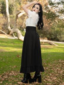 Scarlet Darkness Váy nữ Ren lên Viên lá sen Dây kéo Thùa khuyết màu trơn Giải trí - màu đen - Xem 3