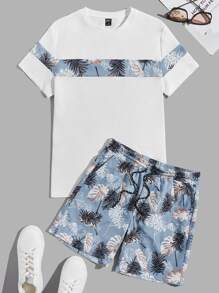 Manfinity Men Tropical Print Tee & Drawstring Waist Shorts - Multicolor - View 1