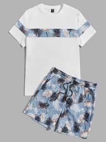Manfinity Men Tropical Print Tee & Drawstring Waist Shorts - Multicolor - View 3