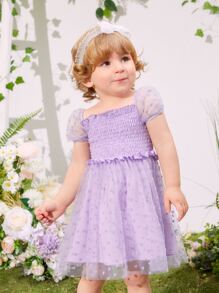 SHEIN 嬰兒波點網紗覆蓋連衣裙