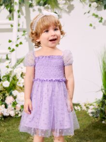 SHEIN 嬰兒波點網紗覆蓋連衣裙