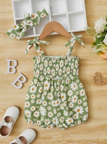 SHEIN Baby Floral Print Tie Shoulder Cami Romper & Headband
