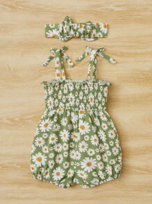 SHEIN Baby Floral Print Tie Shoulder Cami Romper & Headband