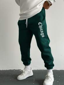 Manfinity Homme 男士字母圖案抽繩腰部運動褲 - 墨綠色 - 查看 1