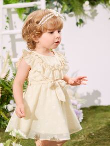 SHEIN Baby Ruffle Trim Belted Dress - Beige - View 5