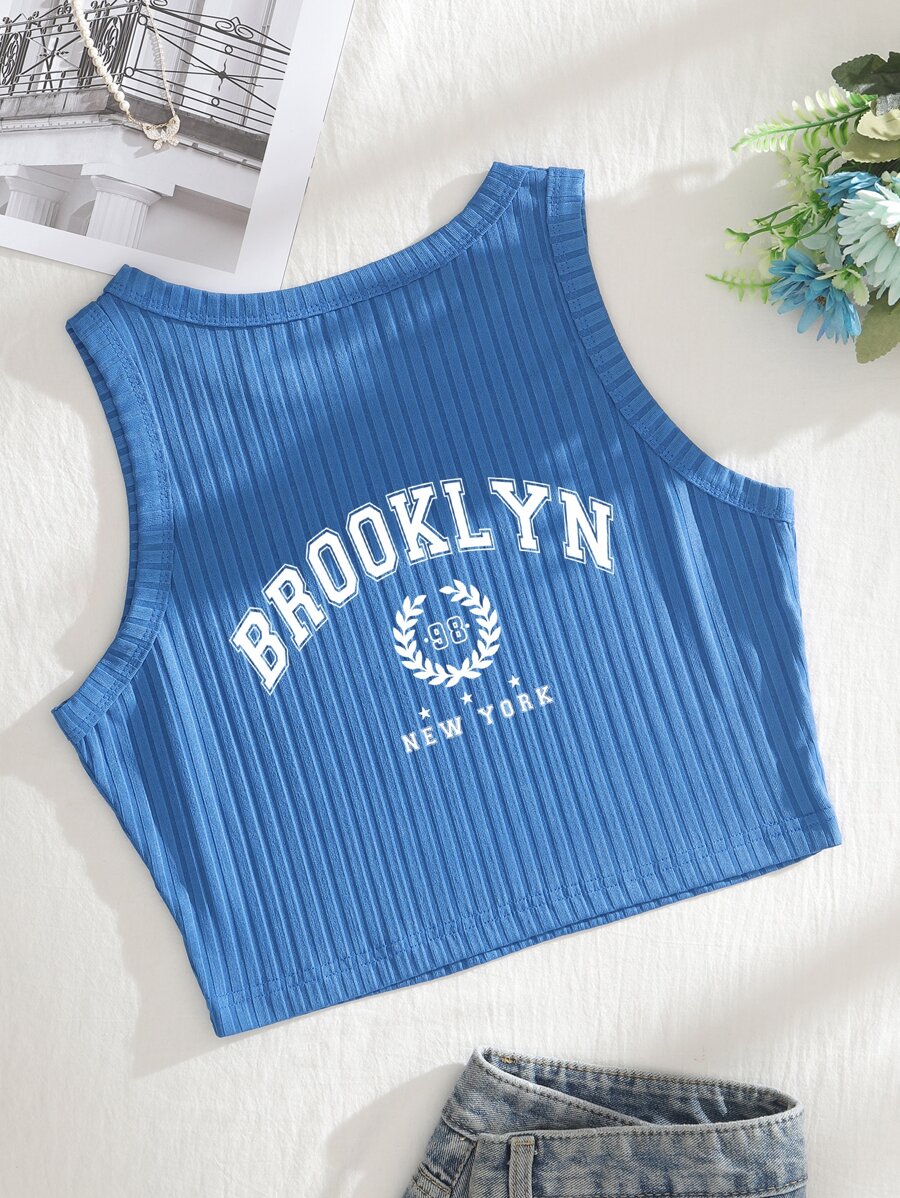 SHEIN EZwear Top tank crop tejido de canalé con estampado de letra - Azul - Ver 1