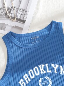 SHEIN EZwear Top tank crop tejido de canalé con estampado de letra - Azul - Ver 3