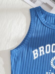 SHEIN EZwear Top tank crop tejido de canalé con estampado de letra - Azul - Ver 4