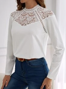 SHEIN Frenchy Guipure Lace Insert Tee - White - View 4
