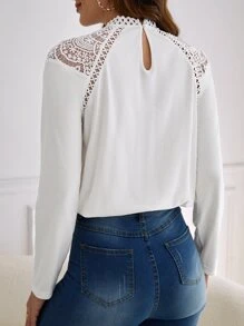 SHEIN Frenchy Guipure Lace Insert Tee - White - View 6