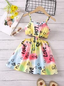 小女童紮染字母圖案腰部鏤空吊帶洋裝