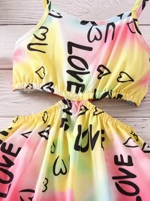 小女童紮染字母圖案腰部鏤空吊帶洋裝