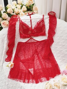 Heart Mesh Ruffle Hem Halter Dress & Thong Without Liner - Red - View 3