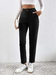 SHEIN Essnce Quần nữ Nút Dây kéo màu trơn Giải trí - màu đen - Xem 3
