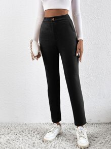 SHEIN Essnce Quần nữ Nút Dây kéo màu trơn Giải trí - màu đen - Xem 4